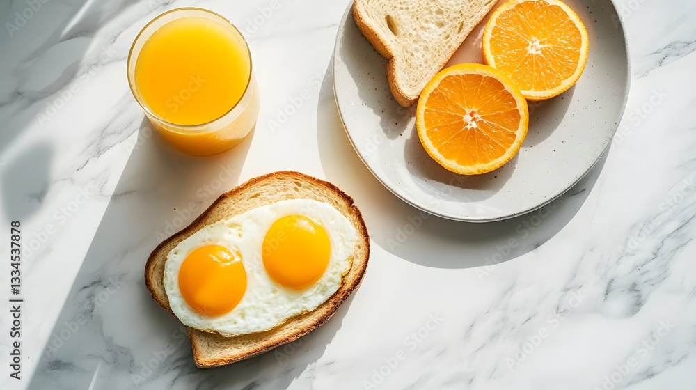 Eggs on toast with orange slices and orange juice.
Eggs on toast with orange slices and orange juice.