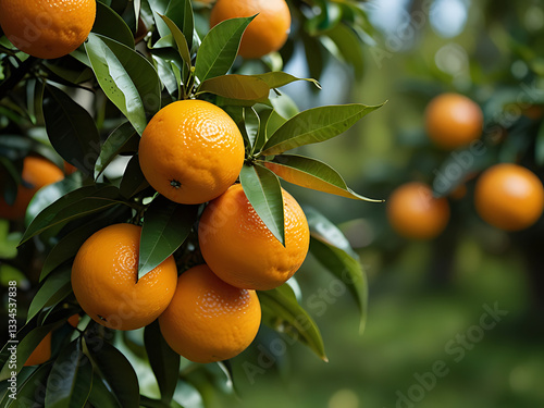Oranges on a tree on a green backgrounds