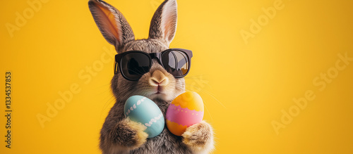 Cool Bunny with Sunglasses Holding Pastel Easter Eggs on yellow background, banner with copy space
