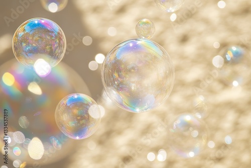 Wallpaper Mural Delicate soap bubbles float in the gentle sunlight, shimmering with iridescent colors against a warm, blurred, dreamy background texture Torontodigital.ca