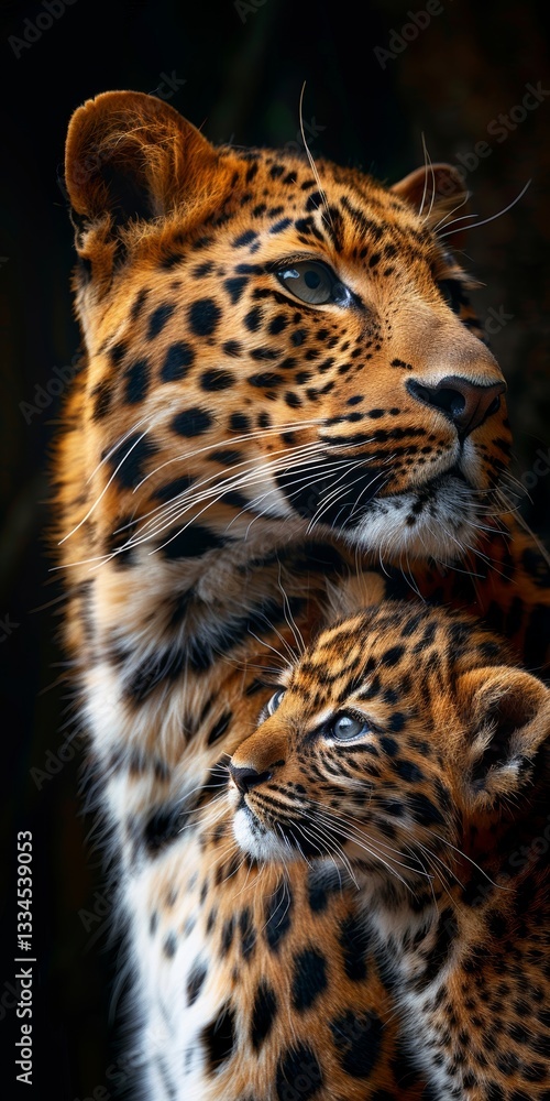 Naklejka premium Leopard with her baby in a realistic wildlife photography setting