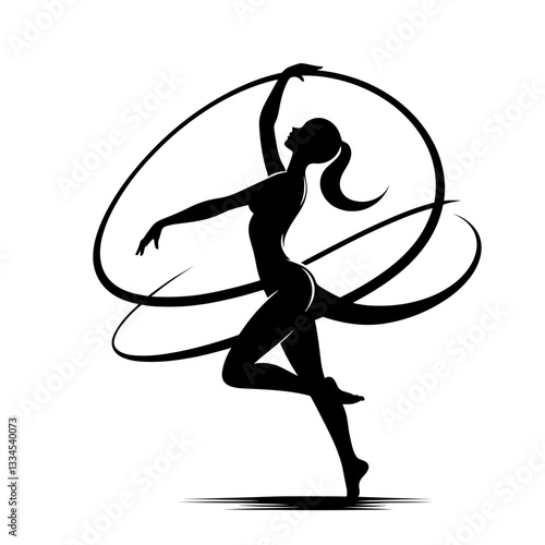 Graceful rhythmic gymnast with flowing ribbons