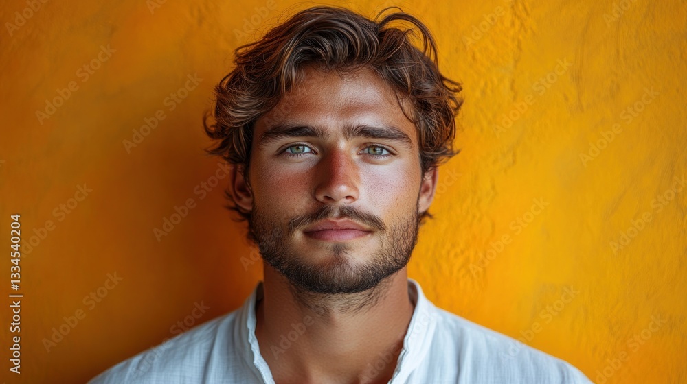 Displeased young man with crossed arms rejecting signal on yellow background Displeased young man with crossed arms rejecting signal on yellow background