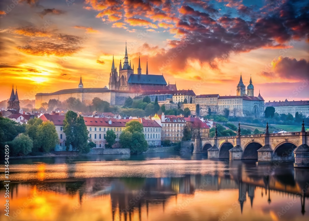 Naklejka premium Majestic Prague Castle & Charles Bridge Sunrise - Scenic Czech Republic Cityscape