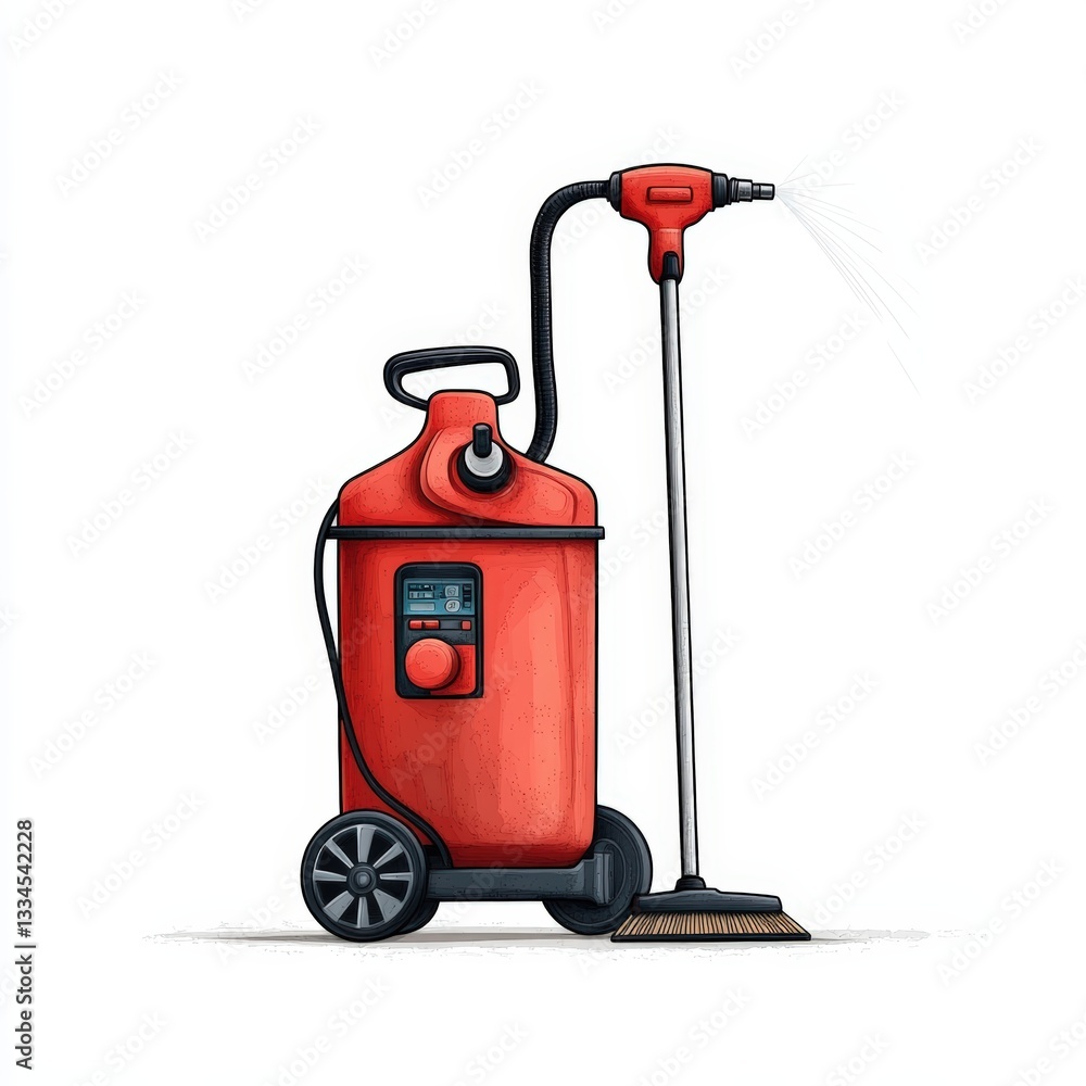 Fototapeta premium Red steam cleaner with hose and brush attachment, ideal for deep cleaning and sanitizing various surfaces efficiently.