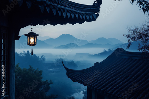  traditional lantern hangs on an ancient city wall in China overlooking misty landscape Serenity Concept