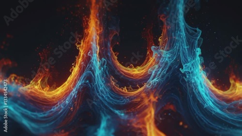 An abstract representation of a blazing fire in bright neon colors. The fire is divided into two main parts, the left side is orange and the right side is bright blue