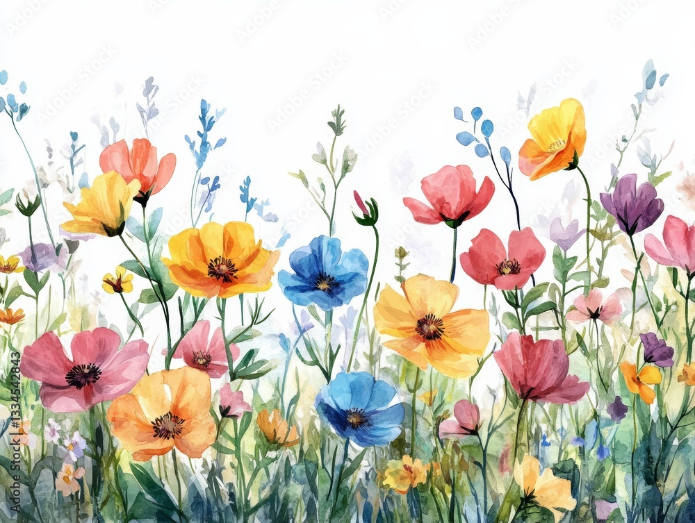 Fototapeta premium Delicate watercolor painting of vibrant meadow flowers in full bloom, showcasing a colorful and artistic floral arrangement on a clean white background