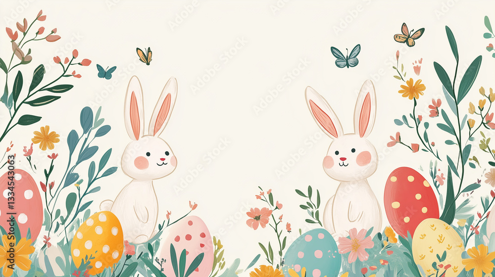 Obraz premium Easter Template Featuring Bunnies and Decorated Eggs on Pastel Background – Ideal for Banner, Menu, or Postcard with Copy Space
