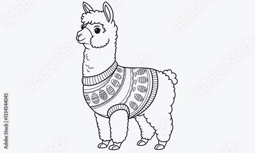The alpaca is wearing a rough-textured sweater with a pattern of simple decorated Easter eggs