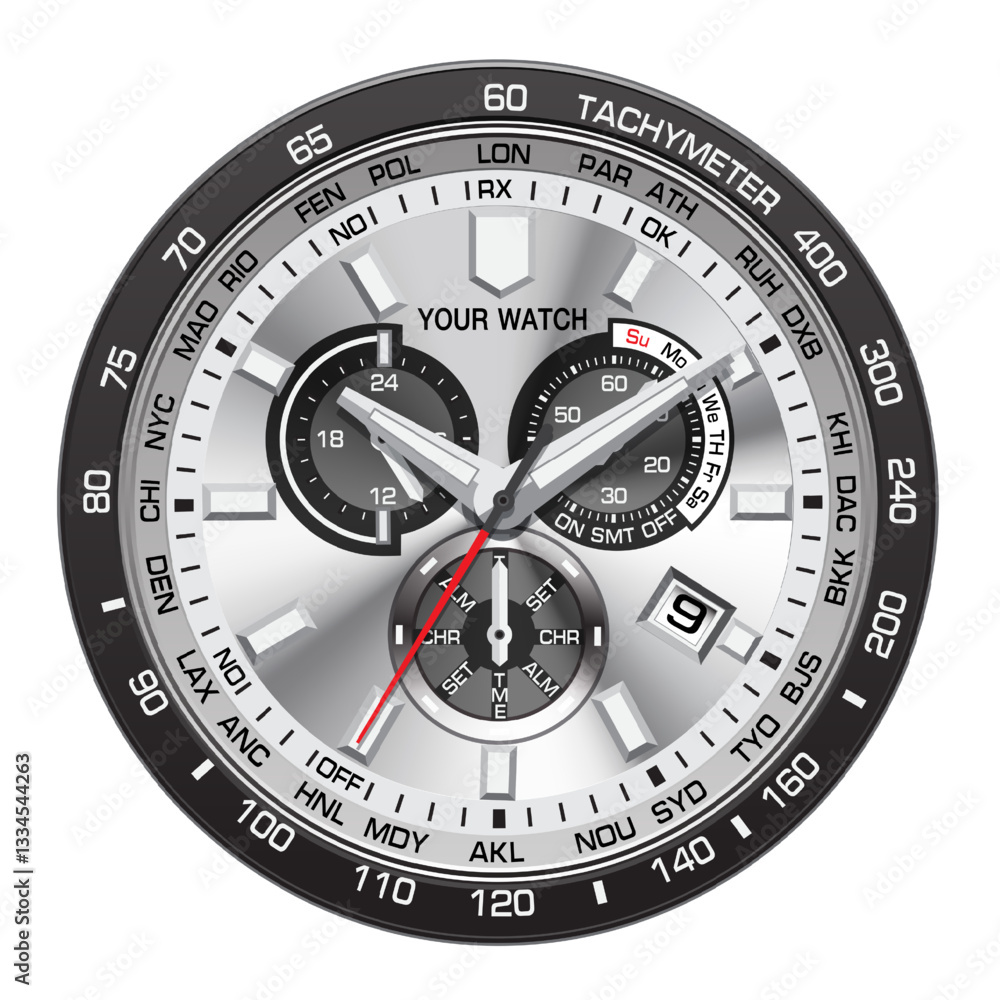 Realistic watch clock chronograph silver face dashboard black grey on white design classic luxury vector Realistic watch clock chronograph silver face dashboard black grey on white design classic luxury vector