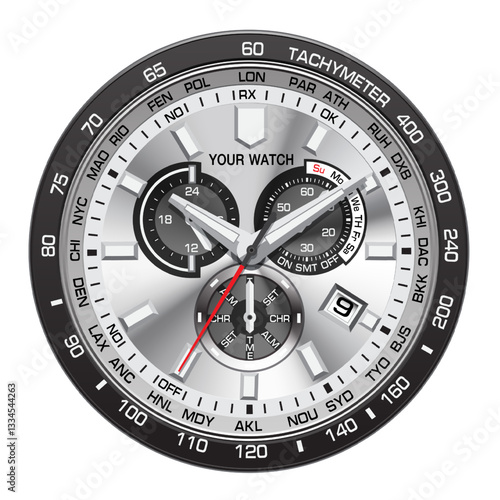 Realistic watch clock chronograph silver face dashboard black grey on white design classic luxury vector