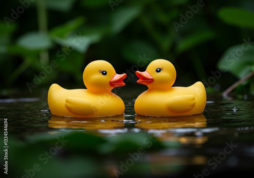 Two Yellow Rubber Ducks in a Serene Pond