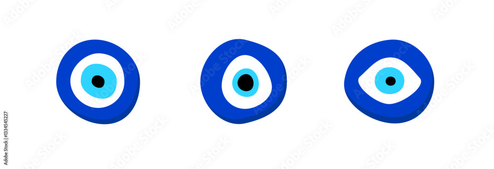 Three blue evil eye symbols stand as traditional protections, believed to shield against bad energy. Three blue evil eye symbols stand as traditional protections, believed to shield against bad energy.