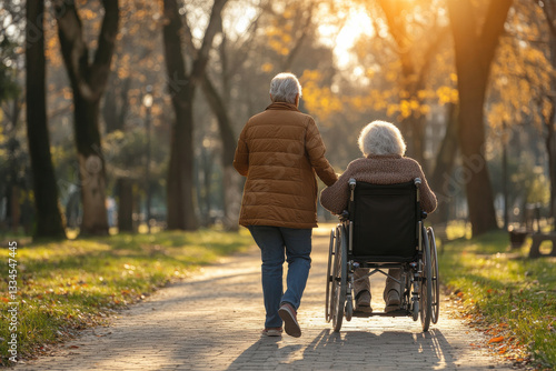 caregiver assisting senior in wheelchair on peaceful park pathway