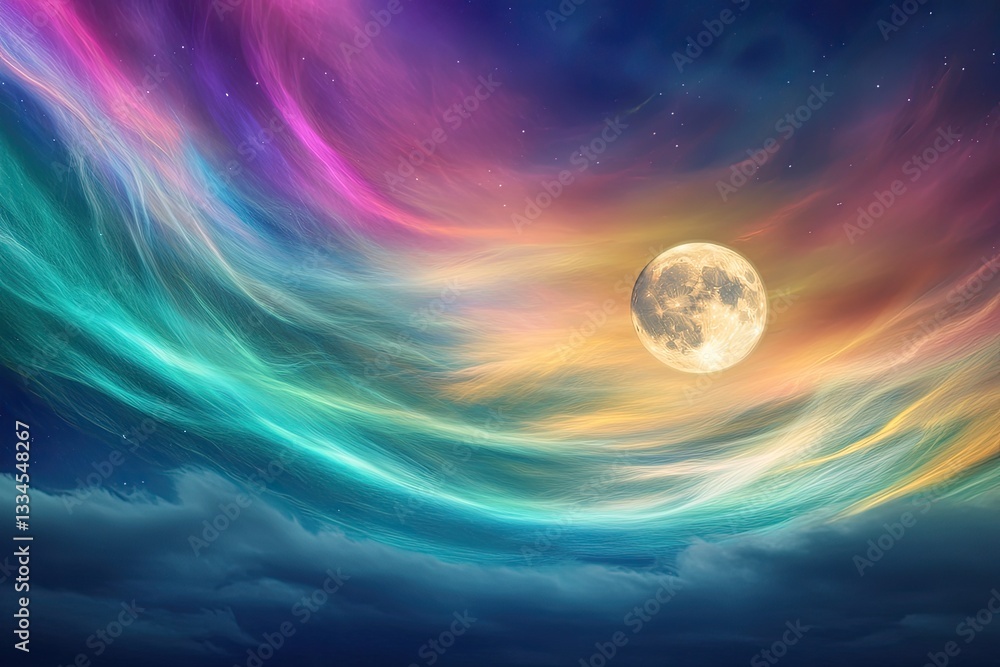 Full moon bathed in vibrant, swirling aurora borealis clouds Full moon bathed in vibrant, swirling aurora borealis clouds