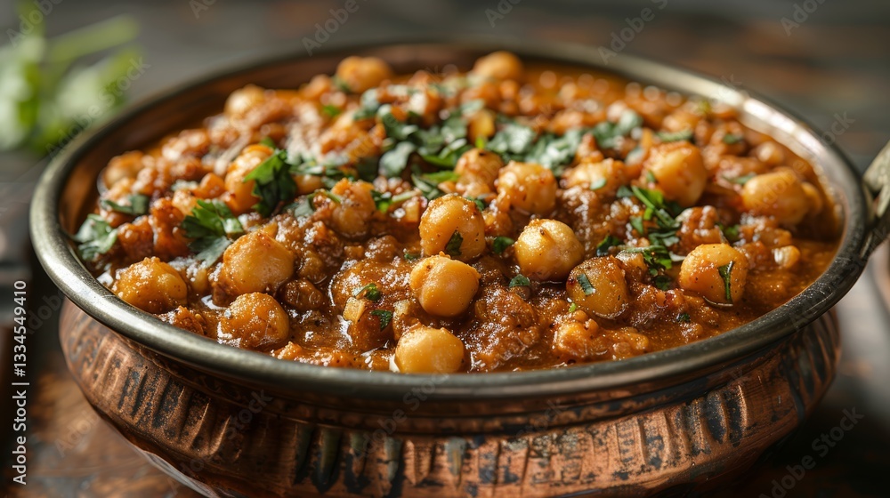 Delicious and flavorful chickpea curry in an elegant copper bowl, garnished with fresh herbs, showcasing vibrant spices and rich texture on wooden background. Delicious and flavorful chickpea curry in an elegant copper bowl, garnished with fresh herbs, showcasing vibrant spices and rich texture on wooden background.