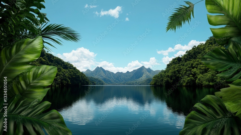 Serene Tropical Landscape with Lush Greenery and Calm Reflective Water under Blue Sky Serene Tropical Landscape with Lush Greenery and Calm Reflective Water under Blue Sky