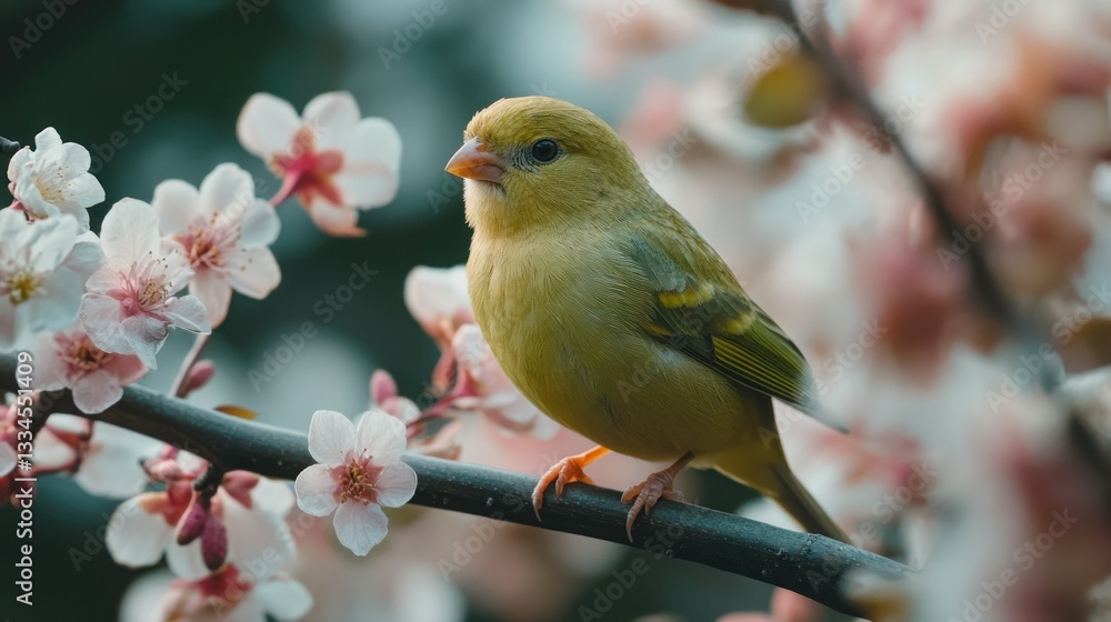 Yellow bird perched on blossom branch in spring garden Yellow bird perched on blossom branch in spring garden