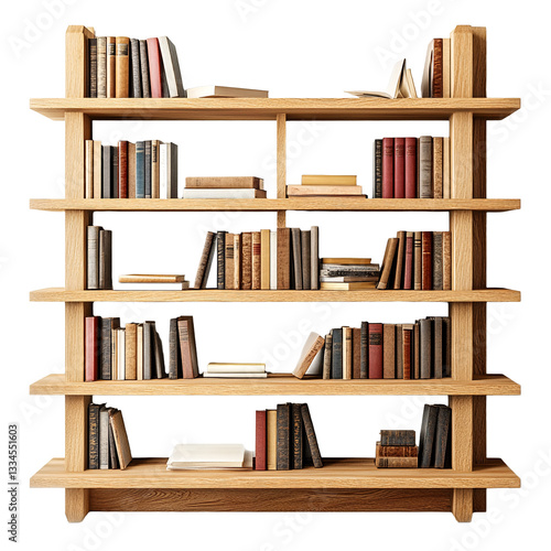 A light brown wooden bookshelf with five visible shelves, holding various books of different sizes and colors.