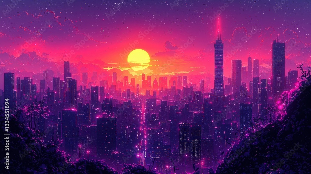 Obraz premium Vibrant Sunset Over Cyberpunk Cityscape With Silhouetted Skyscrapers and Colorful Skies