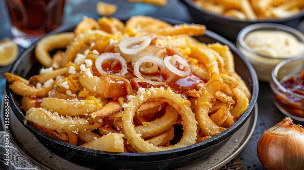 Delicious and tempting poutine dish with crispy fries, gravy, cheese curds, and onion rings, served in a black bowl, a culinary delight Delicious and tempting poutine dish with crispy fries, gravy, cheese curds, and onion rings, served in a black bowl, a culinary delight