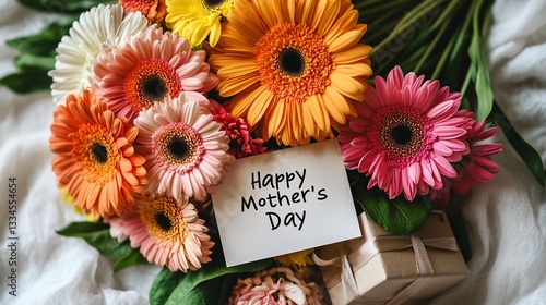 Gerbera daisies bouquet on white fabric with Happy Mother's Day greeting and small gift