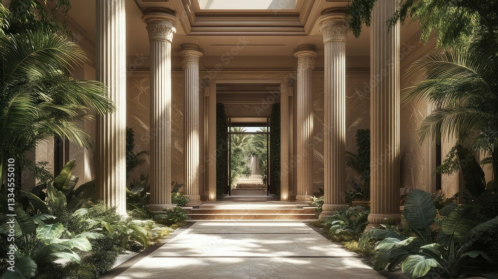 Fototapeta premium Sunlit Colonnade Tranquil Pathway Through a Luxurious Mediterranean Estate