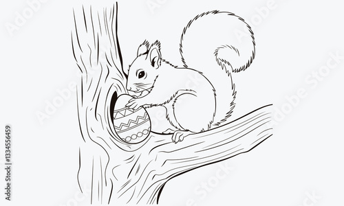 A black and white illustration of a squirrel climbing a thick, knotted branch and placing a skillfully patterned but still easily forgettable Easter egg into a hole in the branch