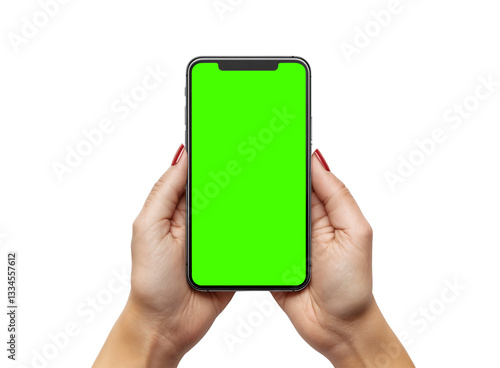 A white woman holding a smarthphone with a green screen., isolated over transparent background, PNG cut-out