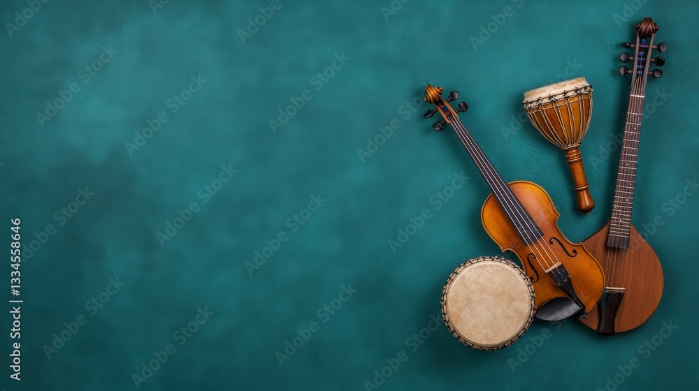 Musical Instruments on Colorful Background with Violin, Drum, and Djembe for Artistic Display Musical Instruments on Colorful Background with Violin, Drum, and Djembe for Artistic Display