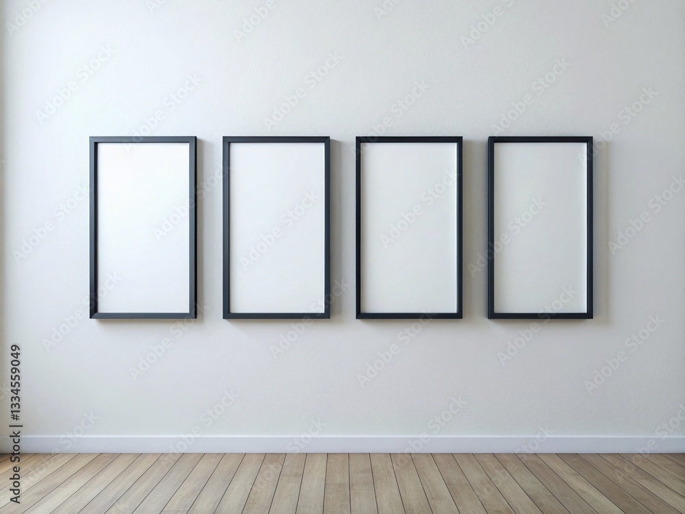 Minimalist Modern Home Decor: Four Empty Black Rectangular Frames on White Wall Minimalist Modern Home Decor: Four Empty Black Rectangular Frames on White Wall