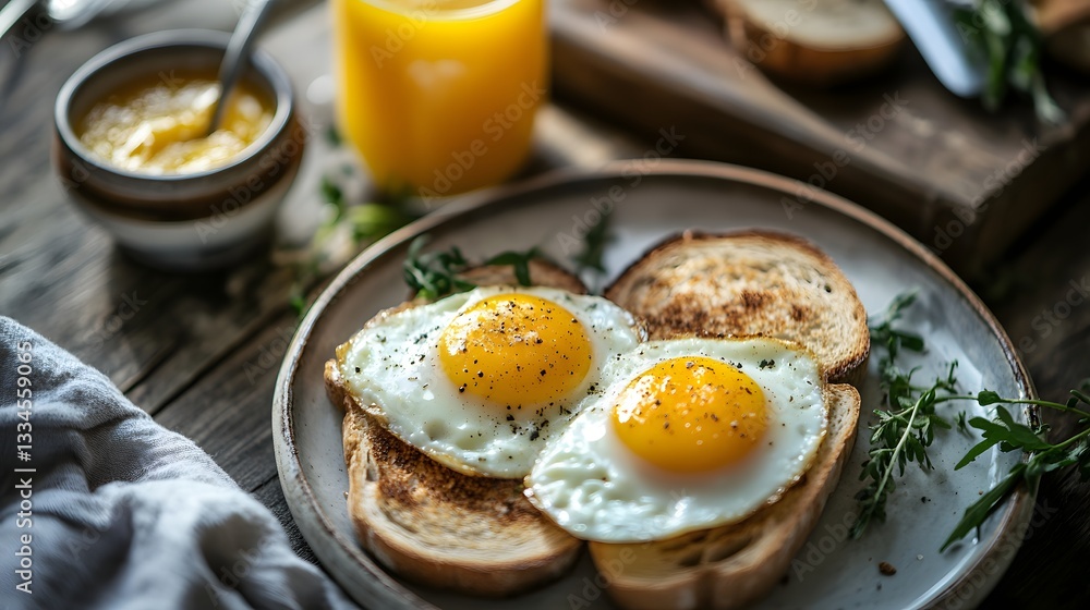 Eggs cooked to perfection served with sourdough. Eggs cooked to perfection served with sourdough.