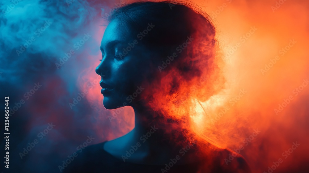 Profile of a woman surrounded by colorful smoke with vibrant lighting in a dark setting Profile of a woman surrounded by colorful smoke with vibrant lighting in a dark setting