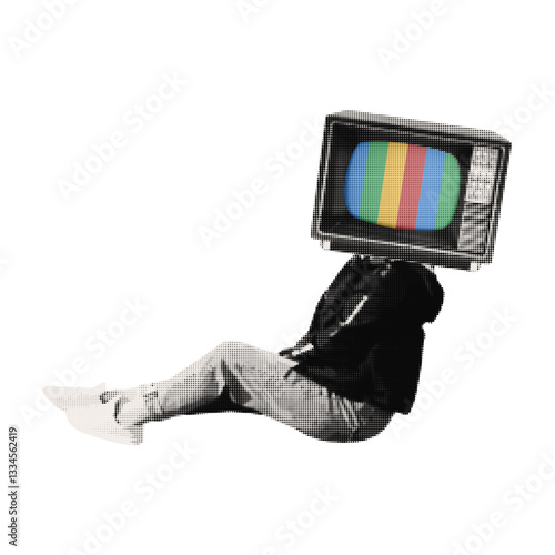 Women element halftone old TV on her head with for creating collages. Vector.