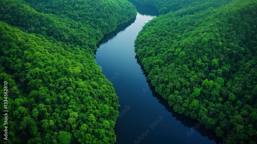 Aerial View of Serene River Curving Through Lush Green Forest Canopy in Nature's Embrace Aerial View of Serene River Curving Through Lush Green Forest Canopy in Nature's Embrace
