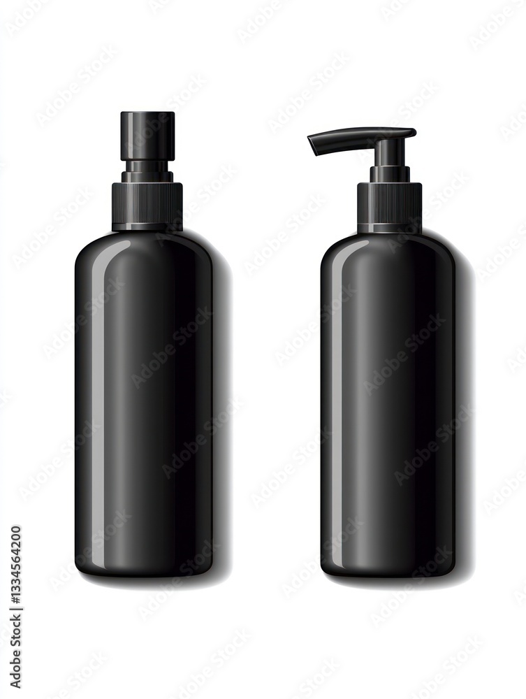 Two Black Cosmetic Bottles Mockups Isolated on White Background for Product Two Black Cosmetic Bottles Mockups Isolated on White Background for Product
