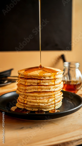 Wallpaper Mural Stack of golden pancakes with maple syrup on black ceramic plate on wooden kitchen table, cozy breakfast atmosphere Torontodigital.ca