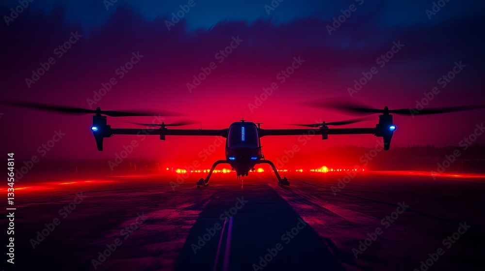 Drone ready for takeoff during twilight with vibrant red lighting and low clouds in the background Drone ready for takeoff during twilight with vibrant red lighting and low clouds in the background