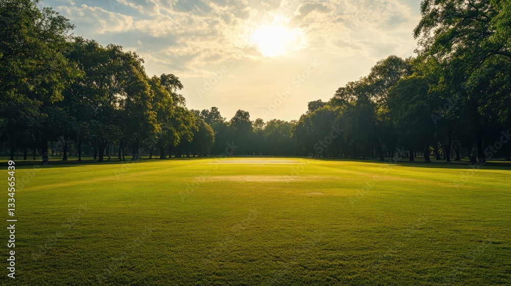 A peaceful cricket field with a central pitch, lush green grass, and open space with no players. A peaceful cricket field with a central pitch, lush green grass, and open space with no players.