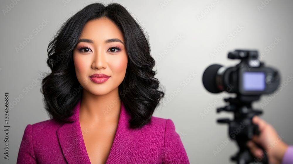 Confident Asian Woman in Professional Attire Posing for Camera in Studio Setting Confident Asian Woman in Professional Attire Posing for Camera in Studio Setting