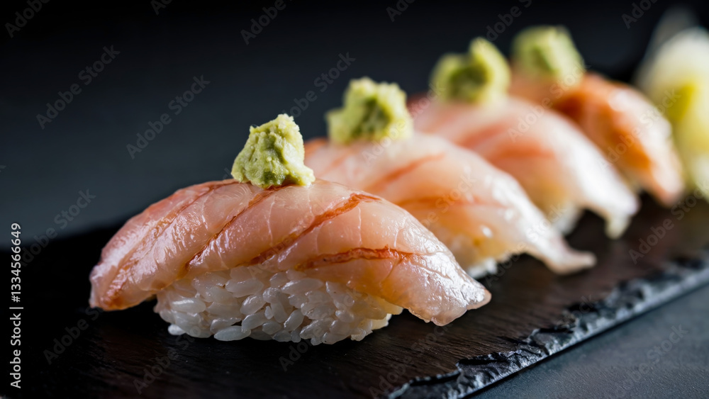 Delicious sushi with fresh fish served on slate on a black background, macro Delicious sushi with fresh fish served on slate on a black background, macro