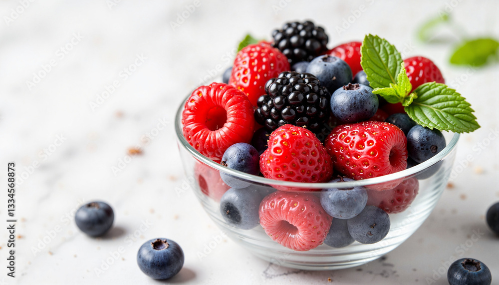 Fresh mixed berries in glass bowl on marble counter, culinary delight Fresh mixed berries in glass bowl on marble counter, culinary delight