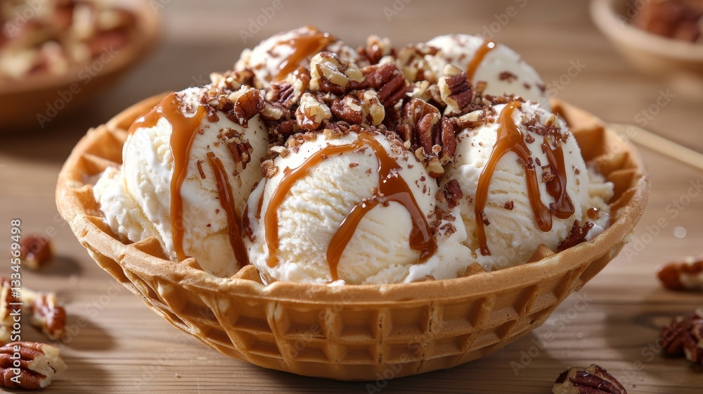 Delicious dessert served in a waffle bowl topped with caramel and pecans in a cozy setting Delicious dessert served in a waffle bowl topped with caramel and pecans in a cozy setting