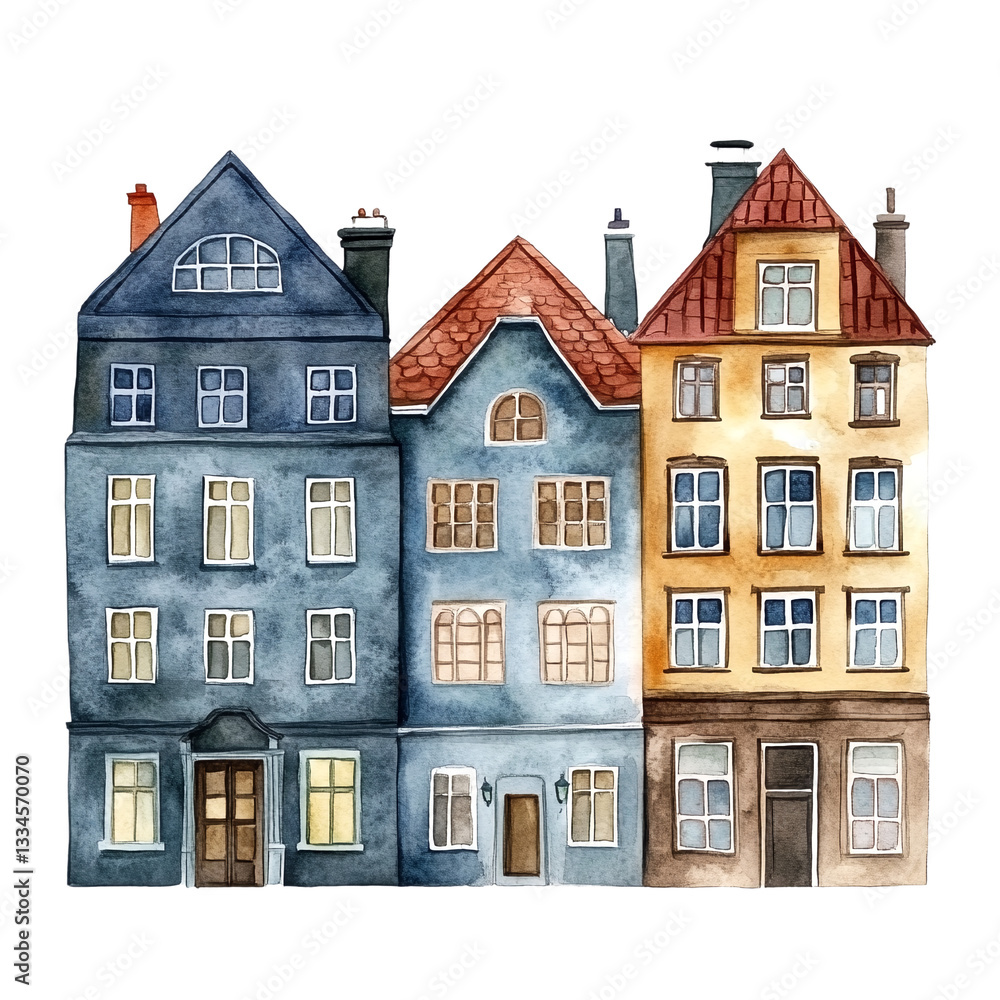 Fototapeta premium Watercolor painting of three story houses on top of each other.