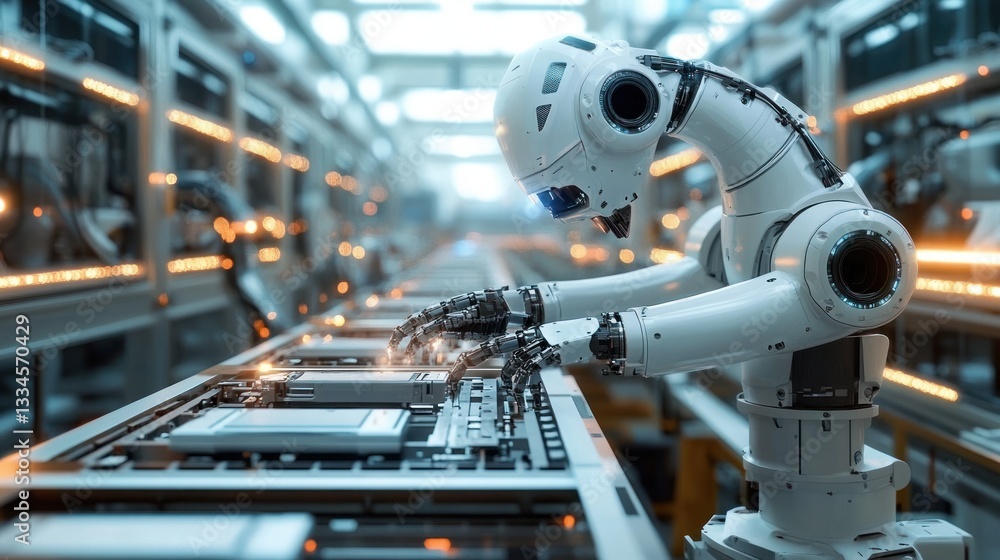 High-Tech Assembly Line for Electric Vehicle Battery Production with Robotic Arms in Smart Factory High-Tech Assembly Line for Electric Vehicle Battery Production with Robotic Arms in Smart Factory