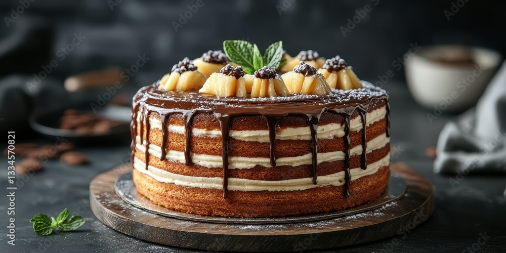 Decadent layered cake adorned with chocolate drizzle and fresh fruit in a modern kitchen setting