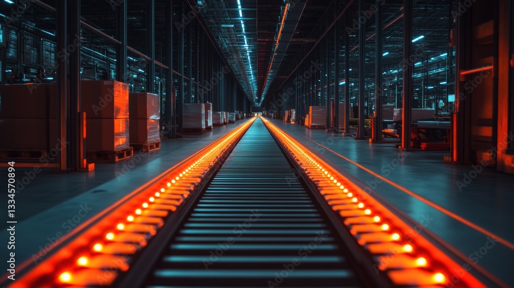 Fototapeta premium Warehouse conveyor belt illuminated by orange lights in a modern industrial setting at night