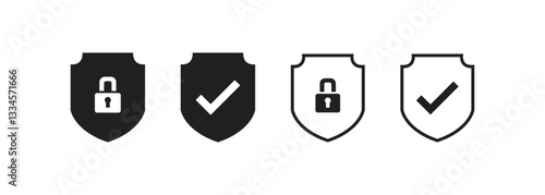 Set of security shield icons, security shields logotypes with check mark and padlock. Security shield symbols. Vector illustration.