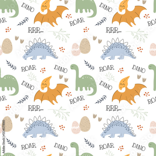 Seamless pattern with cute dinosaurs. Creative childish texture for fabric, wrapping, textile, wallpaper, apparel. Cute baby background.